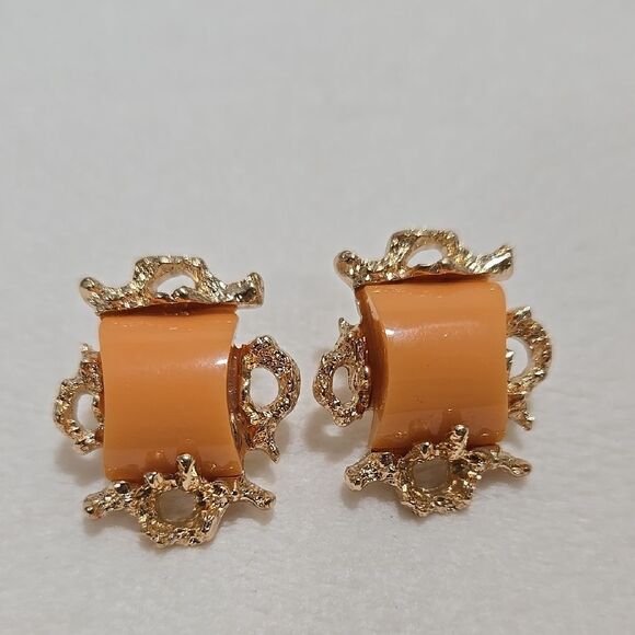 Ornate Gold and Orange Filigree Earrings - Picture 1 of 4